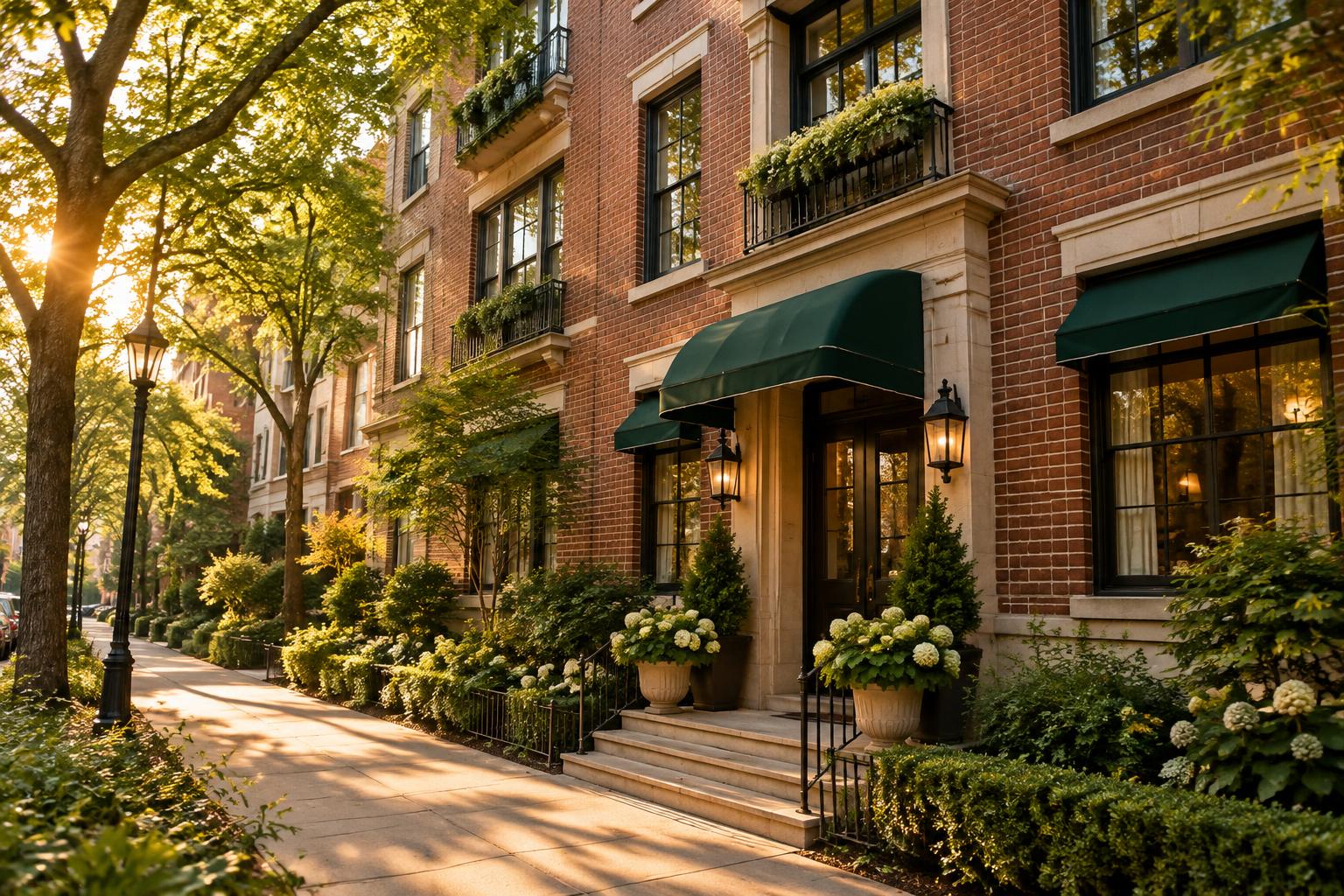 Brick apartment building with green awnings in warm evening light